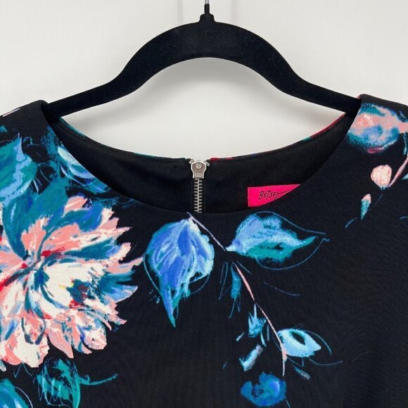 Betsey Johnson Womens Dark Floral Midi Dress Size 6 Cap Sleeve Lined EUC Black - Picture 3 of 11